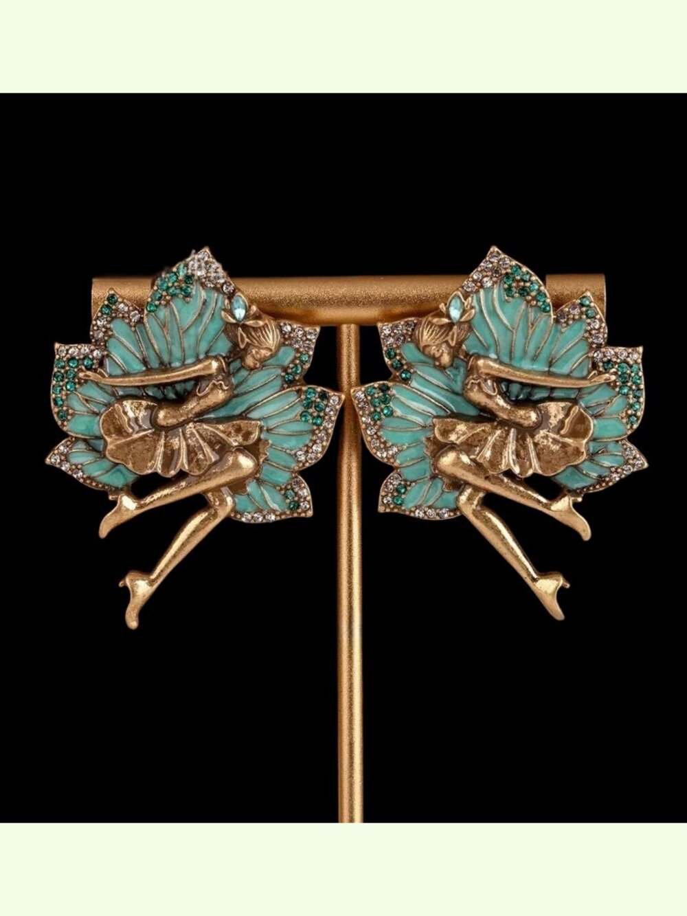 Gold Tone Mint Green Enamel Fairy Flower Rhinestone Statement Earrings